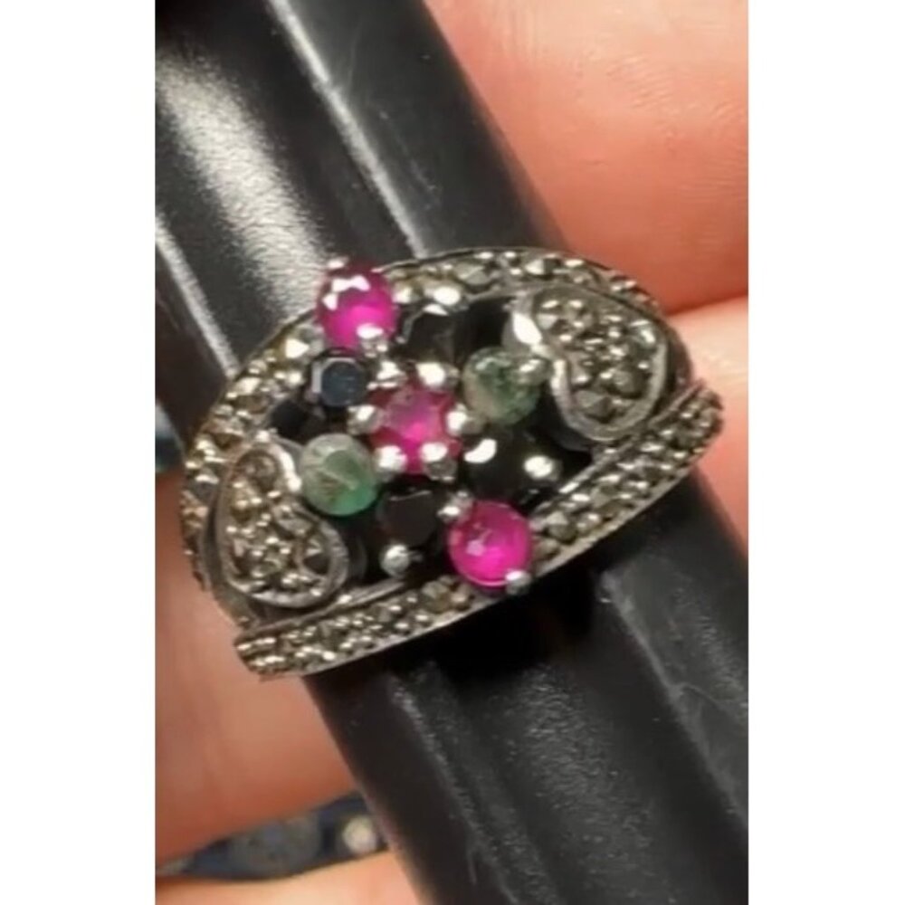 Sterling Silver Heart & Gemstone Ring Size 9  Lab Created Ruby Emerald